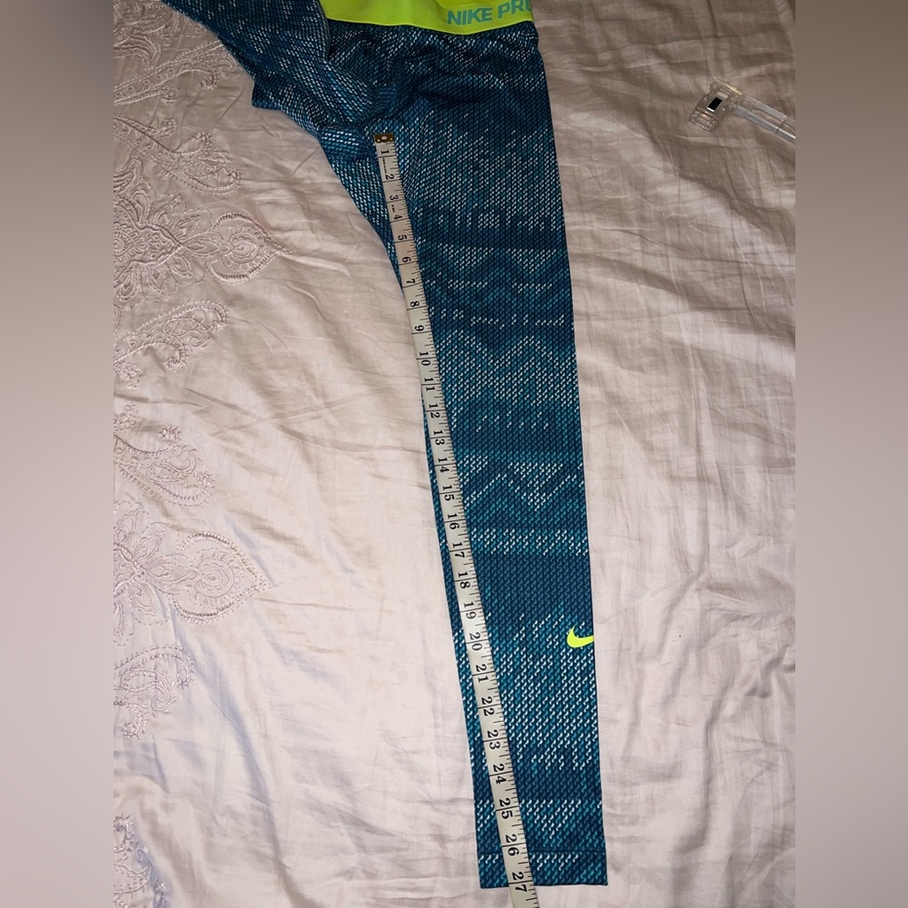 Nike Pro Leggings Blue Teal Neon Green Waistband Size XS - Picture 6 of 12